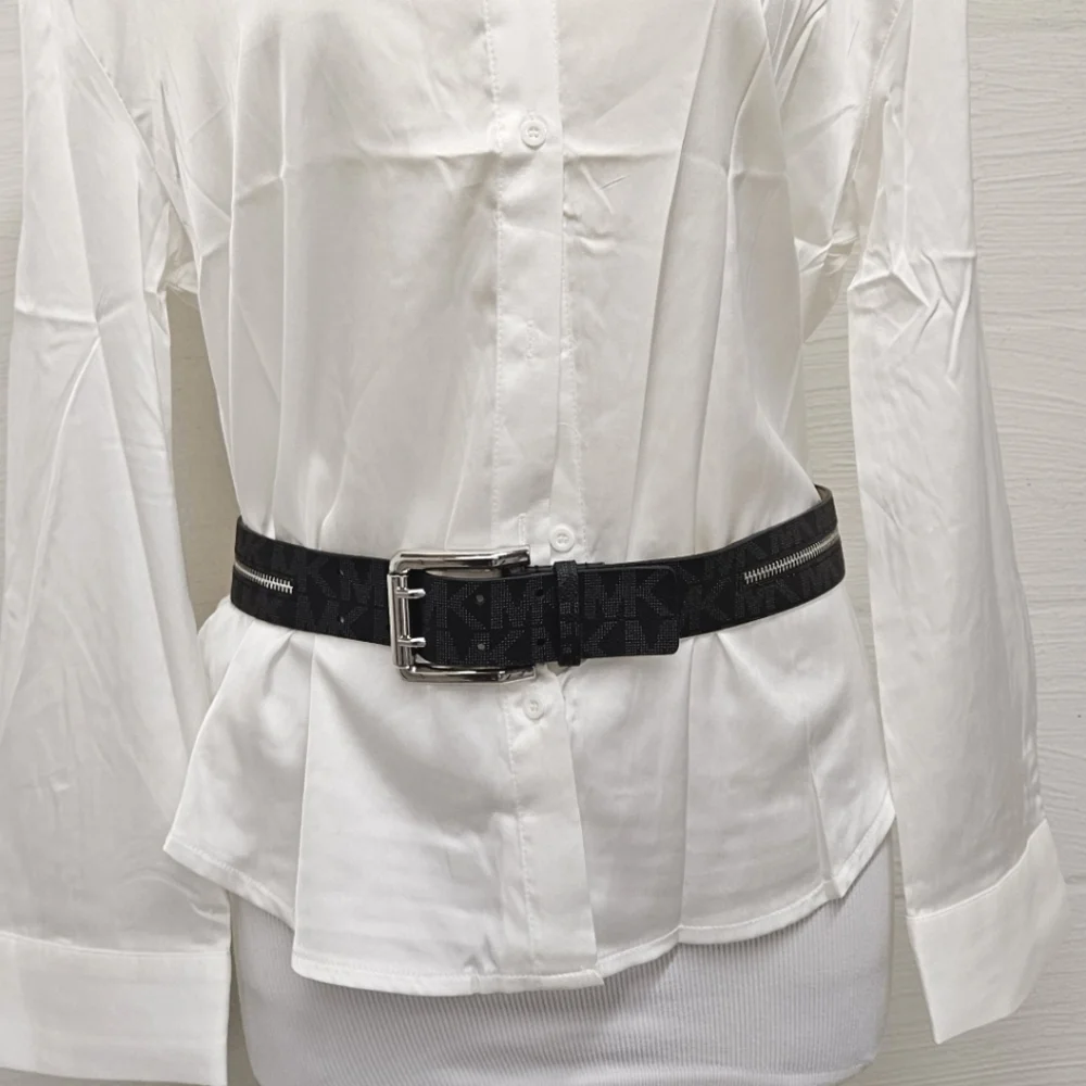 MICHAEL Michael Kors Black Monogram Zippered Belt Silver Tone Buckle Size Large